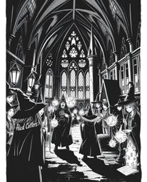 Explore a timeless black and white illustration of a magical school teeming with young wizards.  This elegant artwork feature