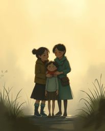 A heartwarming digital sketch depicting a family reunion in a Pixar-esque fantasy setting, shrouded in thick fog and rendered