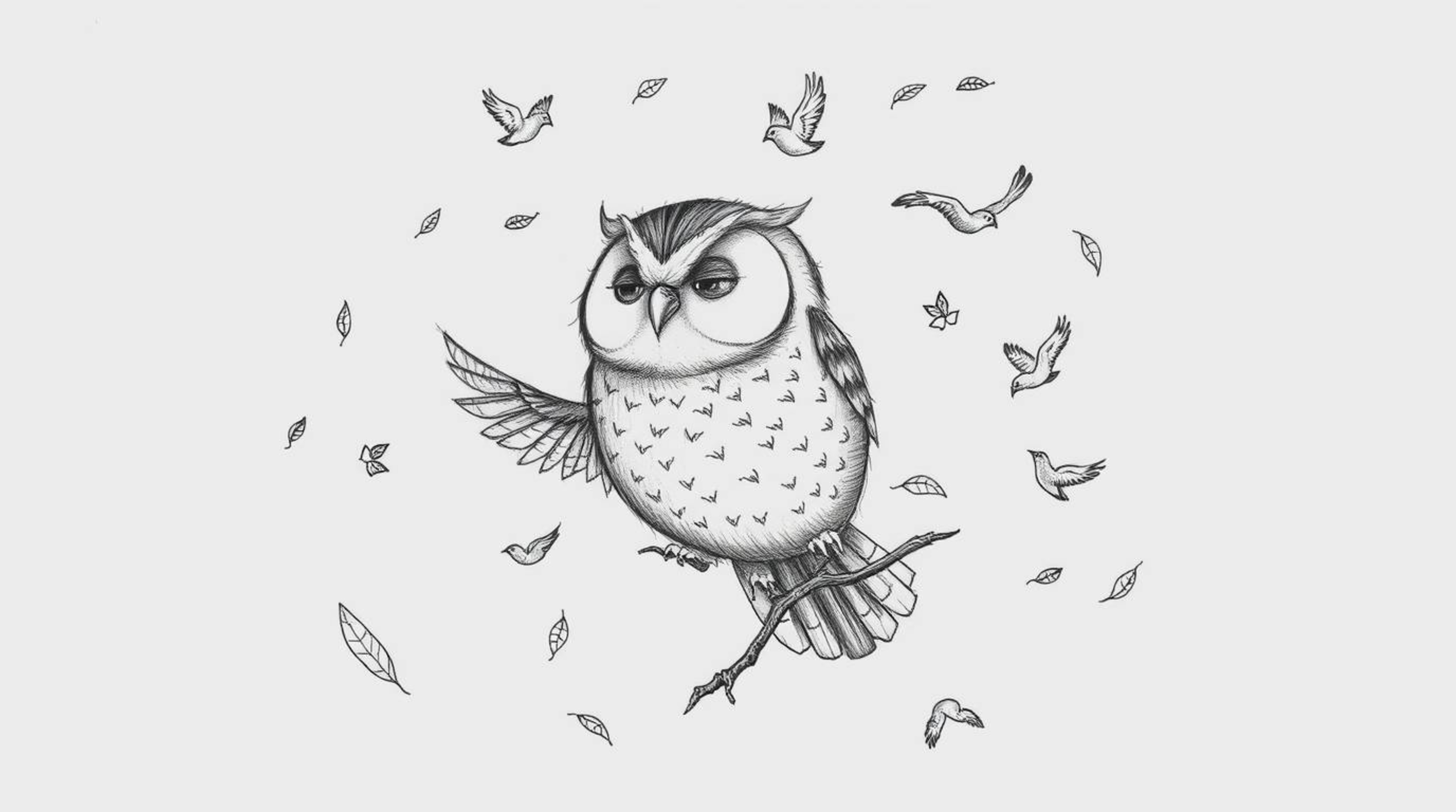 A captivating hand-drawn sketch featuring a blind owl with a large, round head in a Pixar-esque style. The artwork depicts th