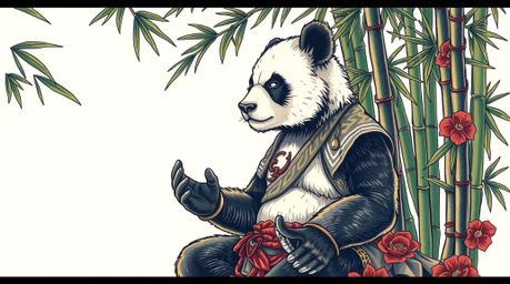 Discover a stunning traditional tattoo art print featuring a martial artist panda in serene meditation within a bamboo forest