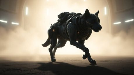 Witness a grand, epic scene of a futuristic dog autonomously traversing the vast expanse of space.  Illuminated by gentle, mo