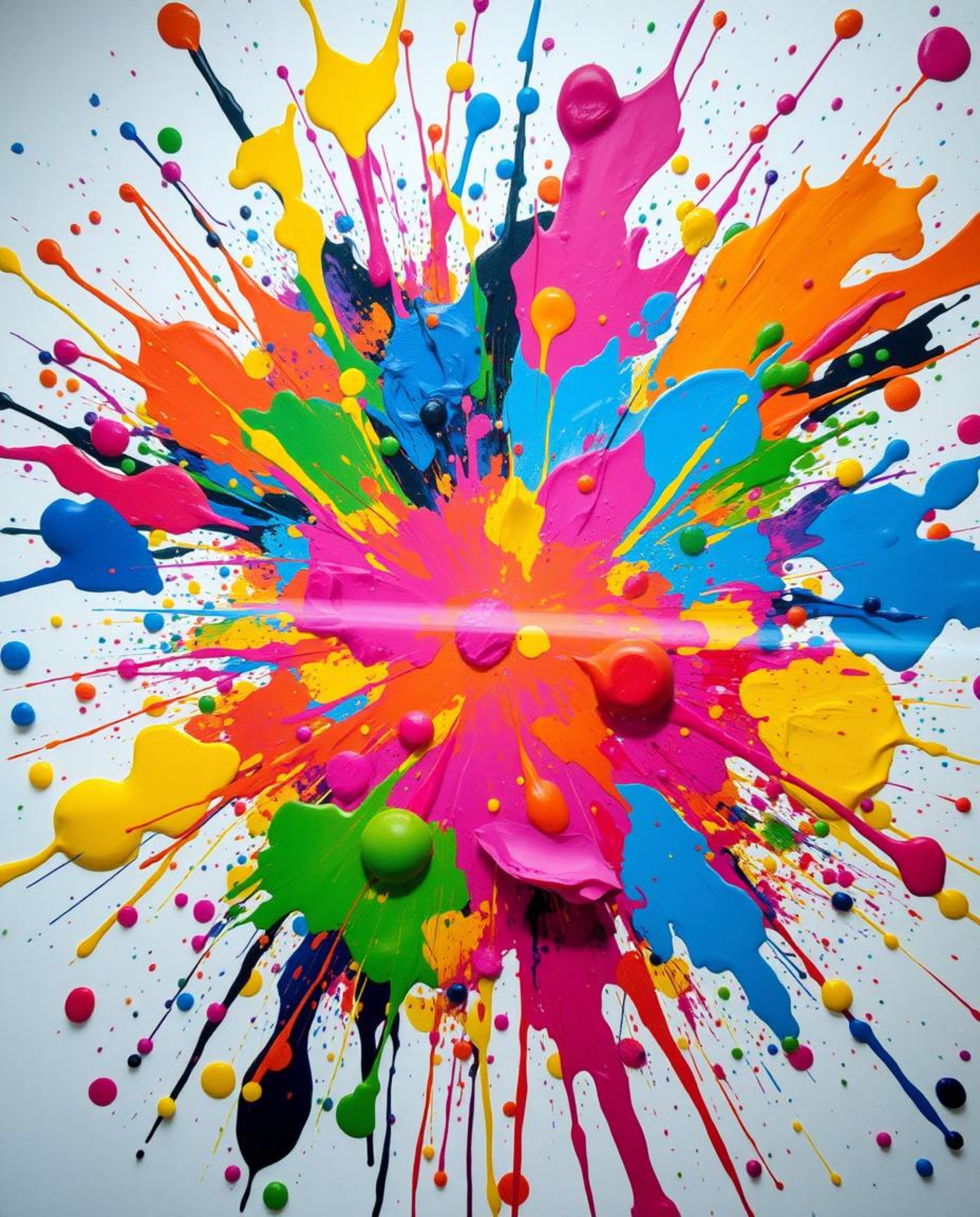 A vibrant explosion of colorful paint splashes bursts across a pristine white canvas, rendered in high detail. This abstract 