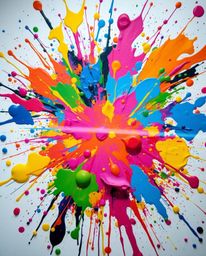 A vibrant explosion of colorful paint splashes bursts across a pristine white canvas, rendered in high detail. This abstract 