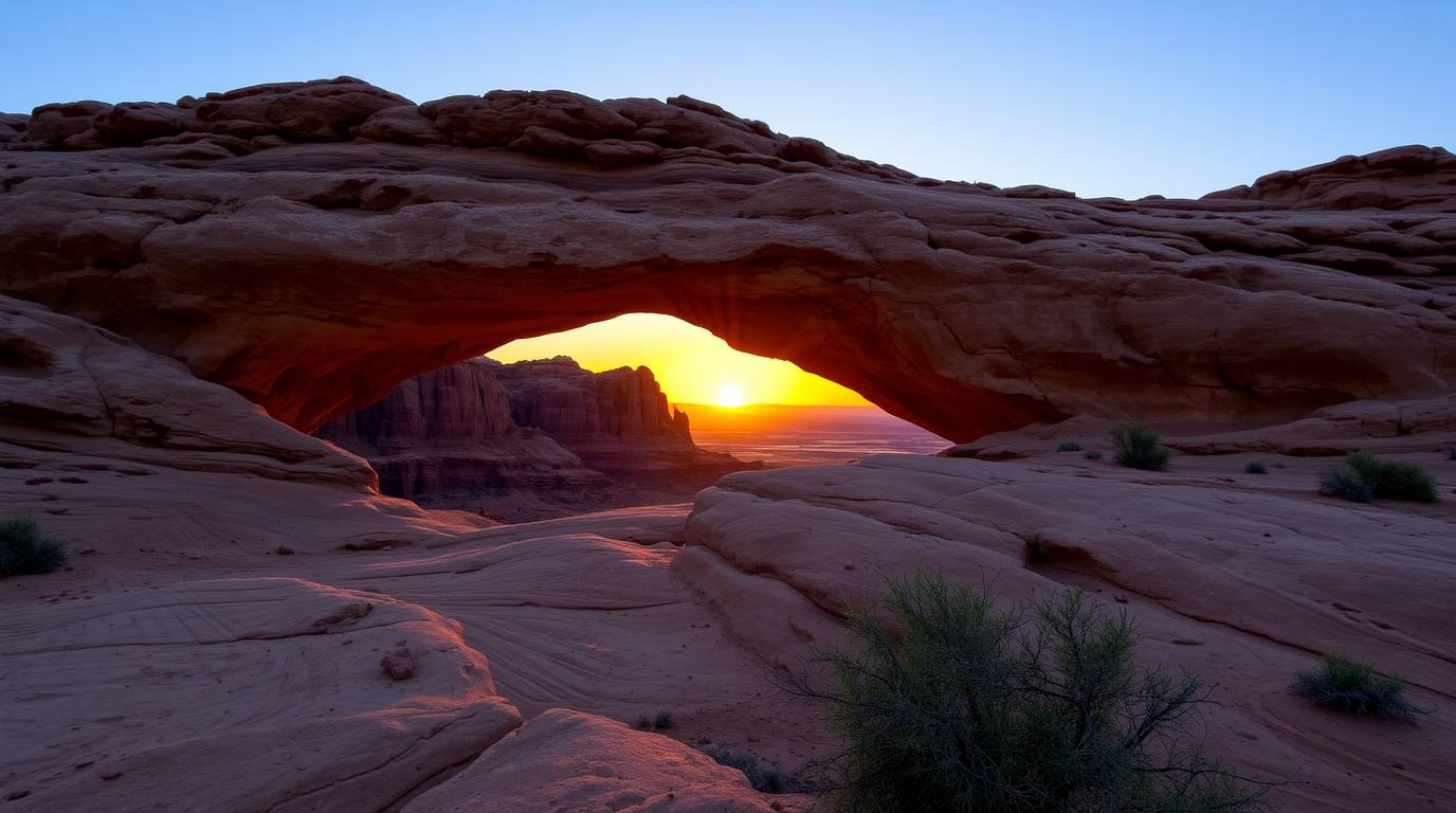 Experience the serene beauty of a desert sunset framed by a natural rock arch. This image captures the essence of elegance an
