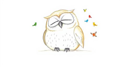 A hand-drawn sketch in the style of Pixar depicts a gentle, blind owl with soft, rounded features and light brown feathers, r