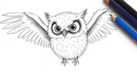 A heartwarming, hand-drawn sketch in Pixar style depicts a blind owl with soft, feathery textures inspiring and teaching bird