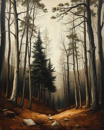 A captivating surreal artwork featuring a classic oil painting of a natural forest scene overlaid with a digital glitch effec
