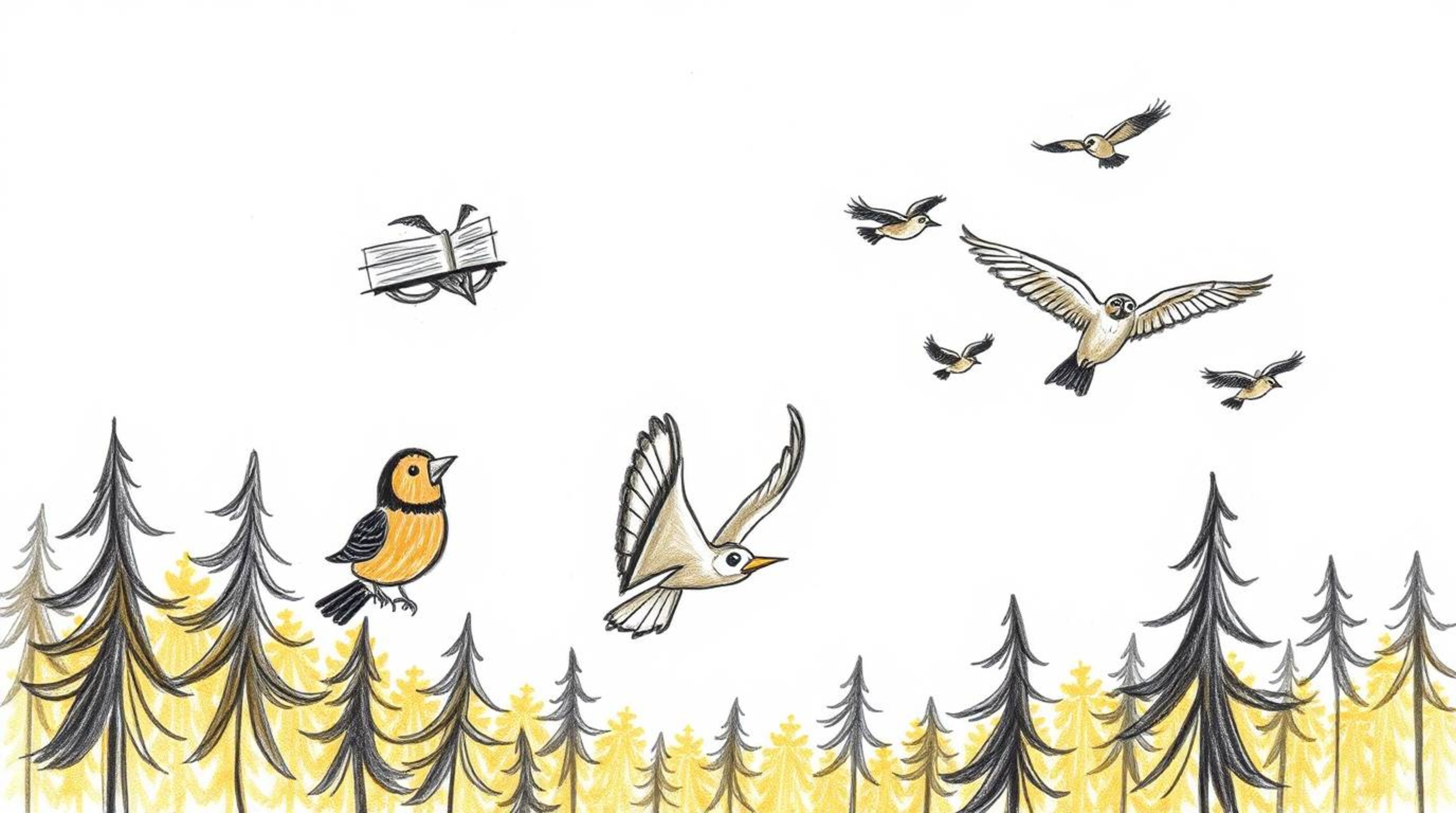 A heartwarming hand-drawn sketch depicts a blind owl with expressive wrinkles, teaching a diverse flock of birds to fly in a 