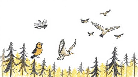 A heartwarming hand-drawn sketch depicts a blind owl with expressive wrinkles, teaching a diverse flock of birds to fly in a 