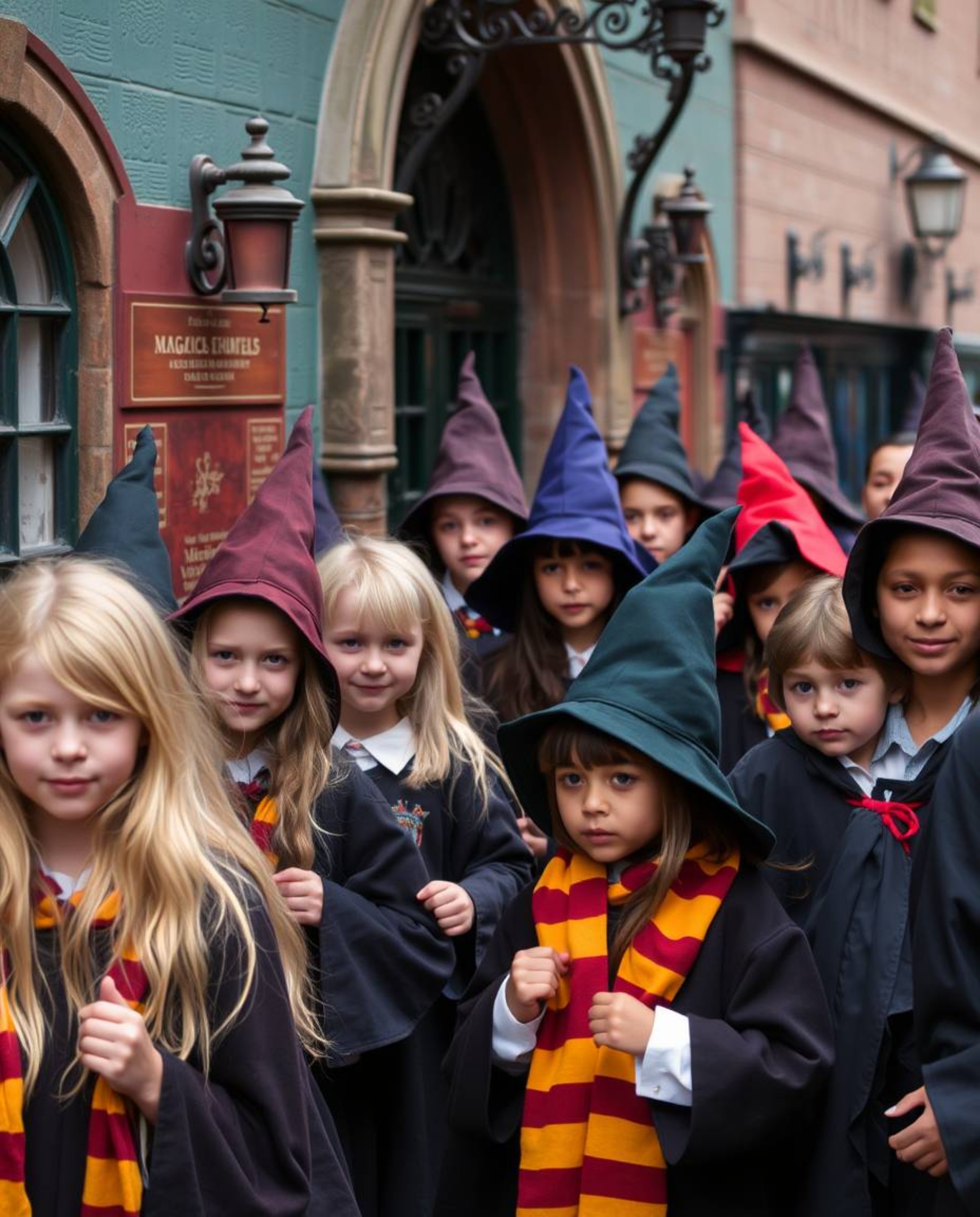 Capture the enchanting atmosphere of a magical school brimming with young wizards through candid street photography. This col