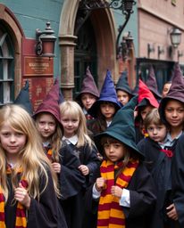 Capture the enchanting atmosphere of a magical school brimming with young wizards through candid street photography. This col