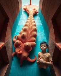 A captivating architectural photograph depicts an unlikely friendship between a sea creature and a child. The image showcase