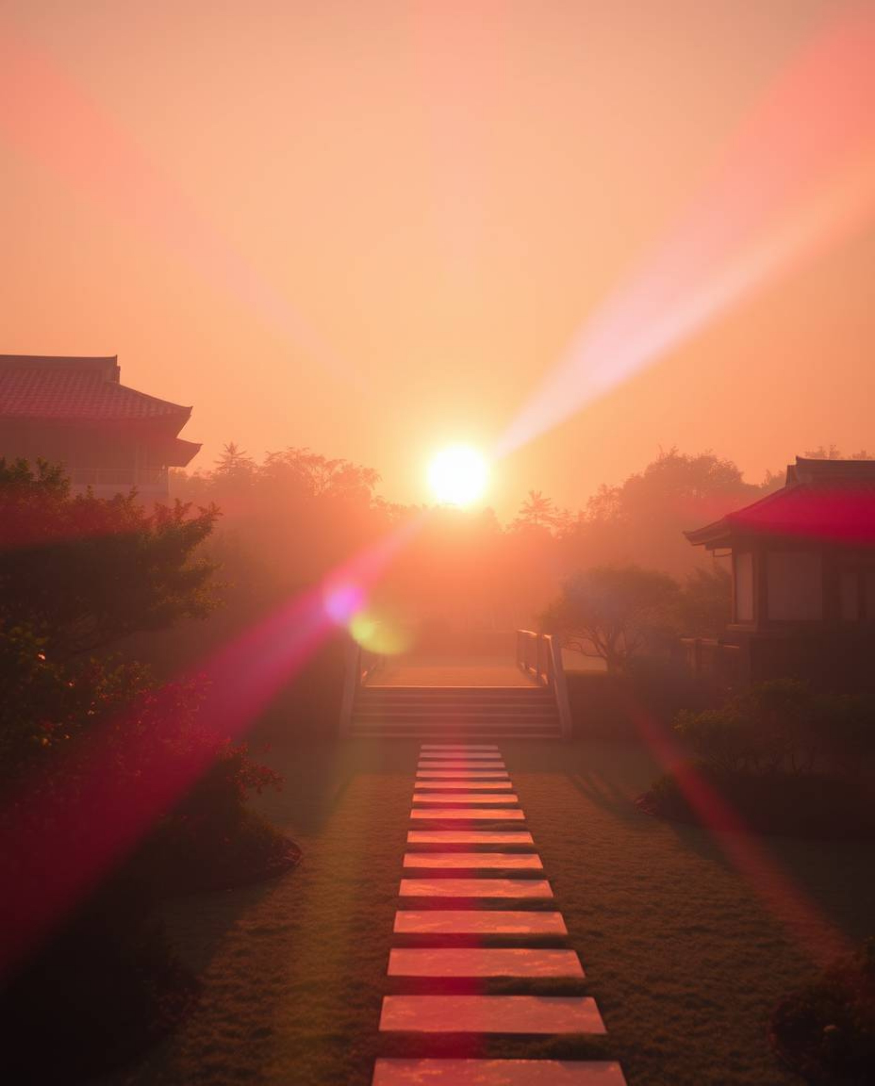 Precise architectural color photography in classic black and white depicting a sunset over a serene Zen garden with timeless 