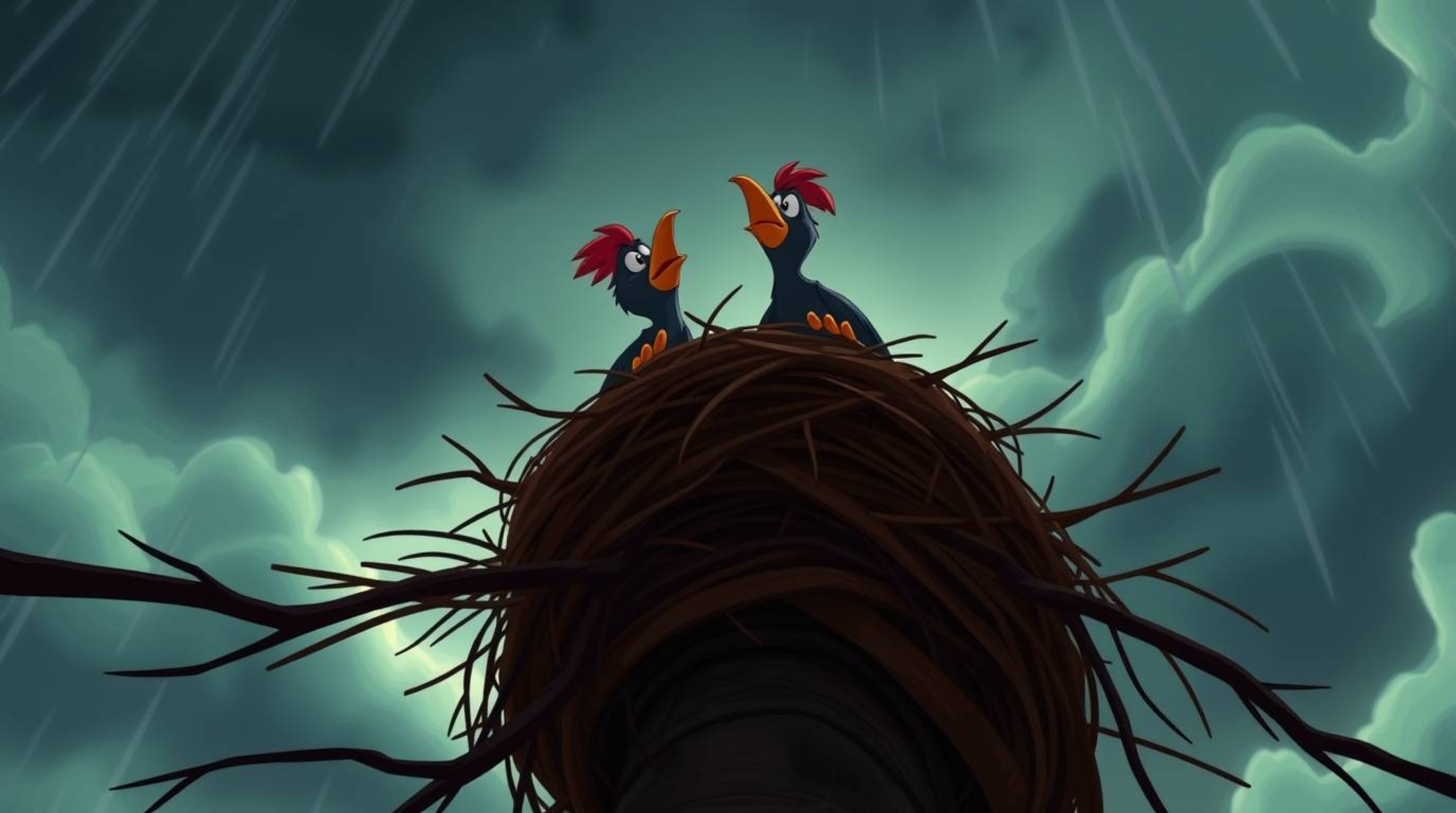 A captivating low-angle perspective showcases two cartoon birds diligently building a nest amidst a turbulent, stormy sky. Re