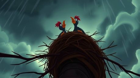 A captivating low-angle perspective showcases two cartoon birds diligently building a nest amidst a turbulent, stormy sky. Re