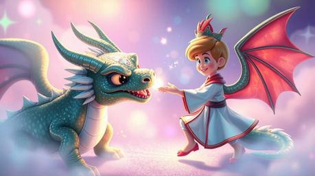 Experience a vibrant and ethereal scene inspired by 1950s animation, featuring a charming prince battling a fearsome dragon a
