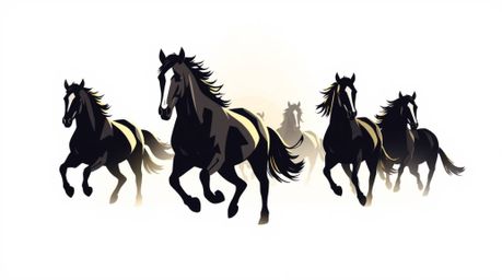 This logo design features a dynamic depiction of a herd of wild horses running beneath a luminous sky, rendered in a modern g