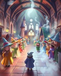 Discover a whimsical magical school brimming with young wizards, depicted in gentle pastel hues.  The serene and calming atmo
