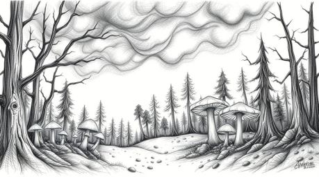 A hand-drawn sketch capturing a vintage-style enchanted forest under a stormy sky, featuring glowing mushrooms and intense li
