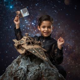 A captivating high-fashion photograph in the style of Pixar depicts a stylish young boy with bright eyes triumphantly plantin