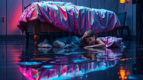 A heartwarming tale of unlikely friendship unfolds on a rainy night.  Iridescent reflections dance across a wet scene as a ch