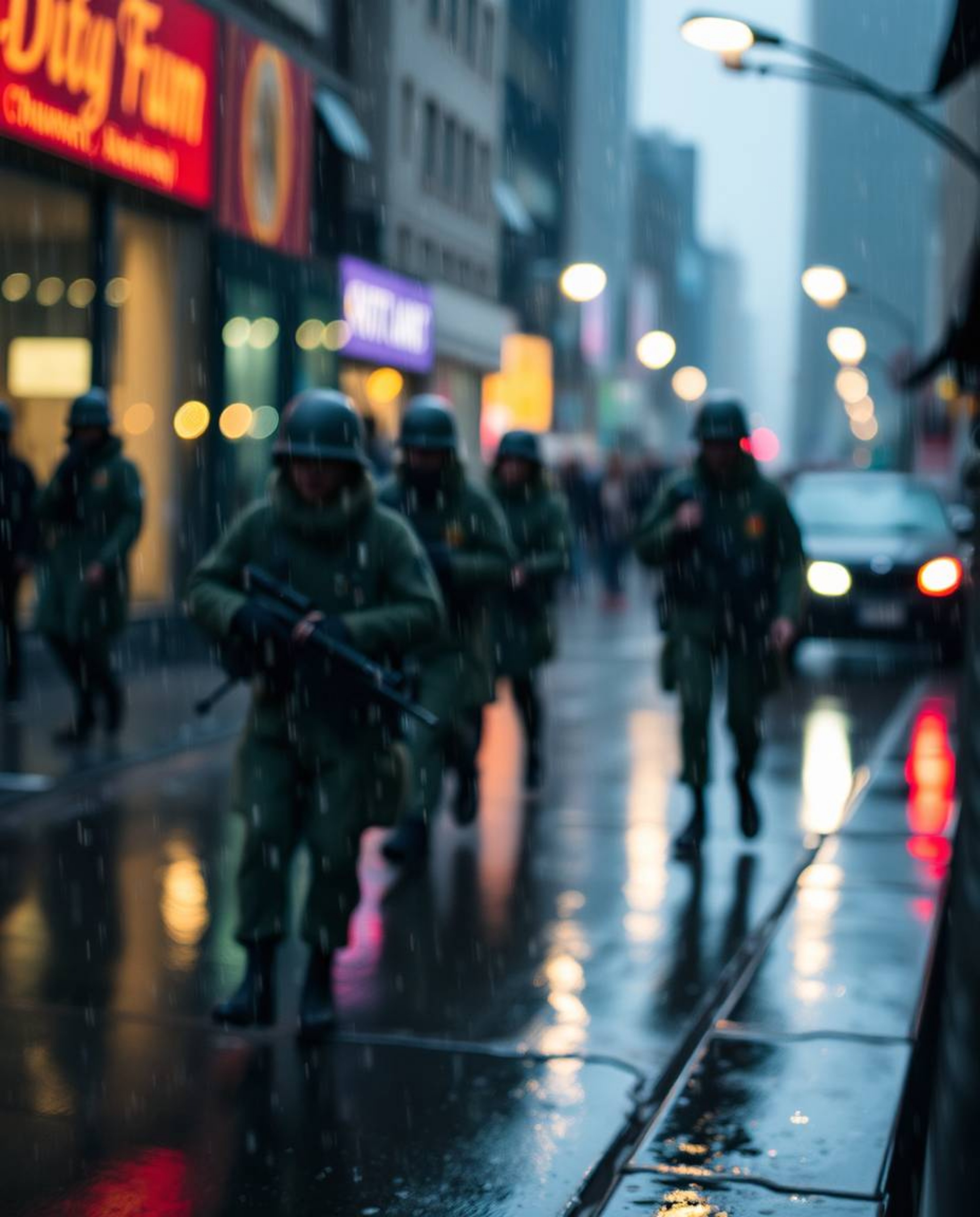 Explore a captivating rainy scene featuring time-warped soldiers in a blurred bokeh environment, creating a unique and visual