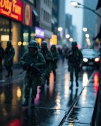 Explore a captivating rainy scene featuring time-warped soldiers in a blurred bokeh environment, creating a unique and visual