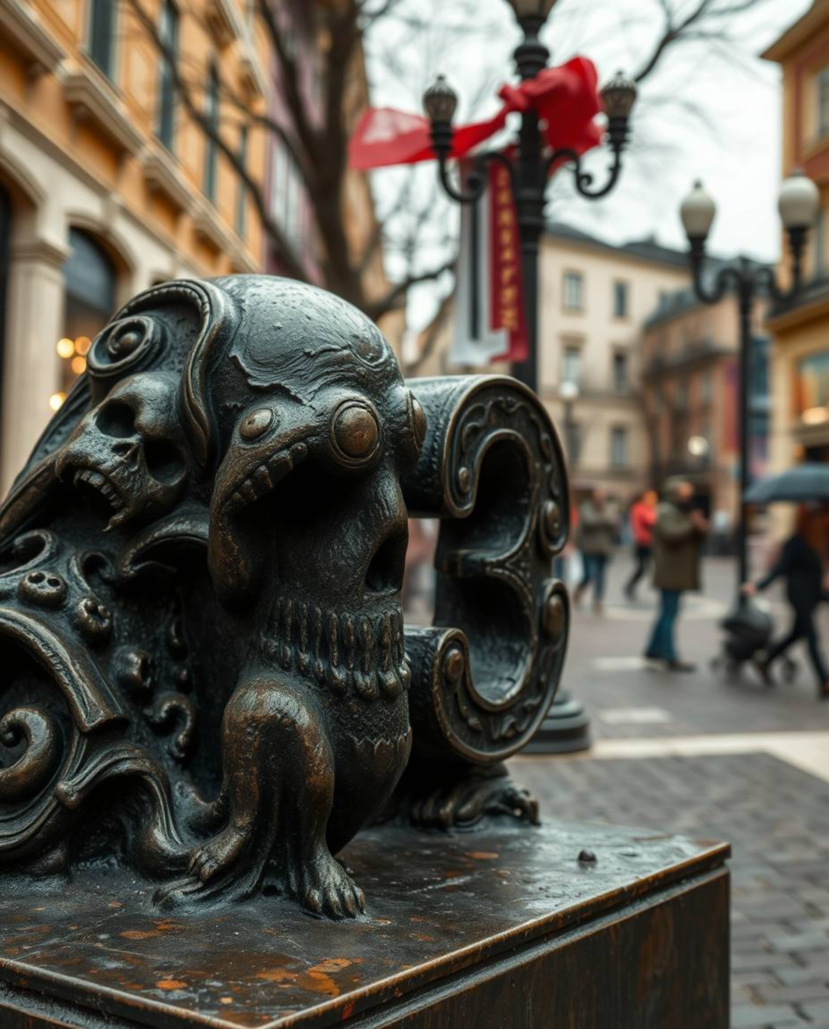 Experience an eerie and creepy atmosphere with a cast bronze surface performing a musical number in a bright town square. The