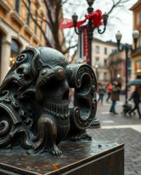 Experience an eerie and creepy atmosphere with a cast bronze surface performing a musical number in a bright town square. The