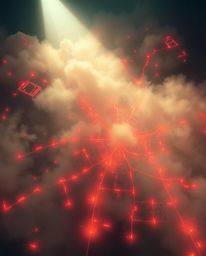 Explore an abstract cityscape bathed in warm volumetric lighting. This top-down view showcases a network of geometric shapes,