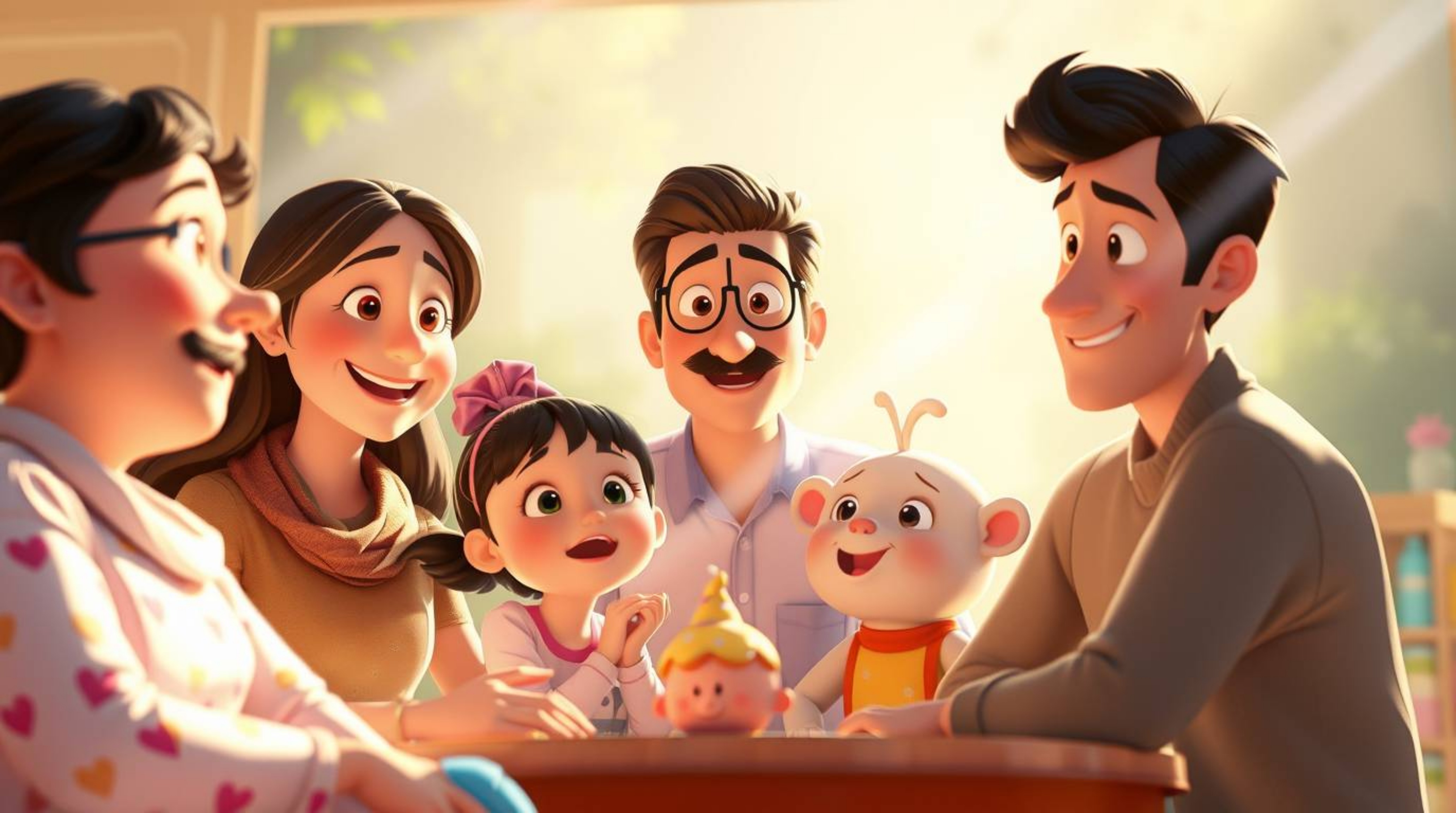 Experience a heartwarming family reunion in Pixar style, bathed in soft pastel colors and bright lens flares.  Light streaks 