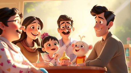 Experience a heartwarming family reunion in Pixar style, bathed in soft pastel colors and bright lens flares.  Light streaks 
