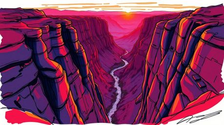 This artwork showcases a sophisticated hand-drawn sketch in rich burgundy and deep blue, depicting a rocky canyon bathed in w