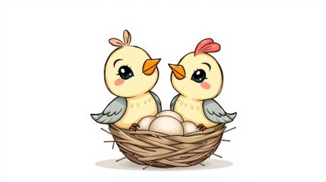 Two adorable cartoon birds with charming features are depicted building a nest in a classic animation style. This hand-drawn