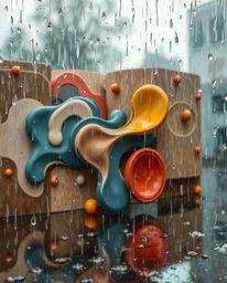 This abstract composition features colorful 3D fluid shapes interacting with geometric forms against a backdrop of natural ea
