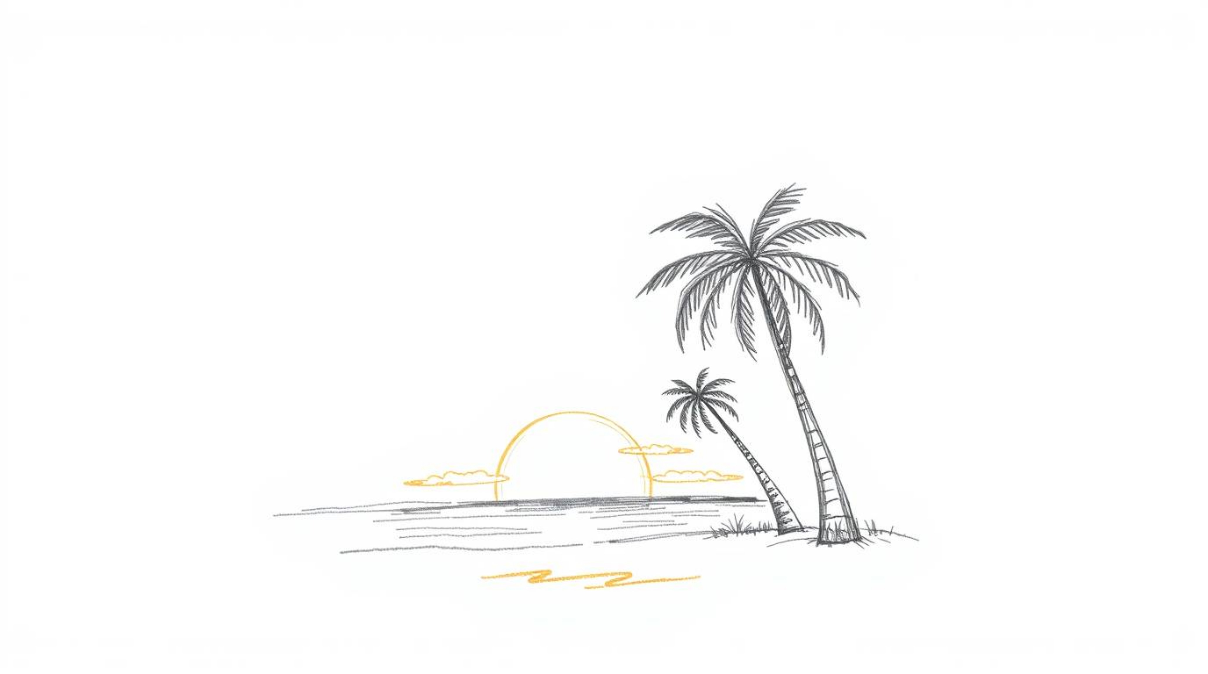 A charming hand-drawn sketch depicting a tropical beach sunset.  The illustration features adorable details, rough pencil str
