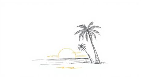 A charming hand-drawn sketch depicting a tropical beach sunset.  The illustration features adorable details, rough pencil str