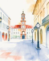 A captivating watercolor painting depicts an empty town square, bathed in soft, artistic lighting.  Translucent washes and fl