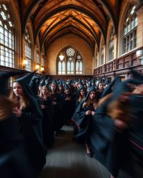 Capture the essence of a magical school teeming with young wizards in a stunning long-exposure photograph.  The image showcas