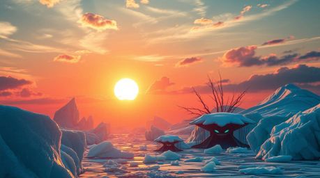 A captivating and surreal image depicts a vibrant sunset casting its glow over icy glaciers in the polar region.  The scene i