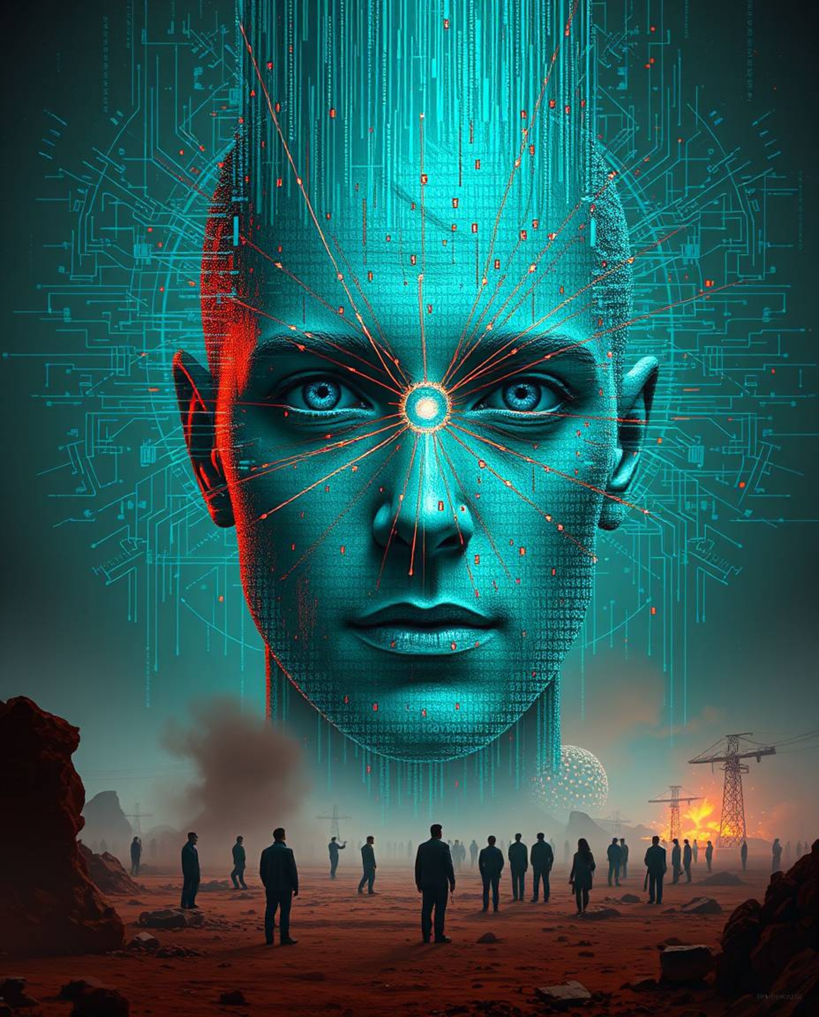 A grand epic scene showcases a digital glitch transforming a human face into a mesmerizing data stream.  Illuminated by an ep