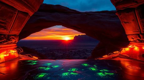 Experience a mesmerizing desert sunset framed by a natural rock arch, brought to life with glowing bioluminescent colors on a