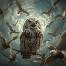 A breathtaking high-fashion photography piece depicts a wise blind owl, with intricate feathers and piercing white sockets, t
