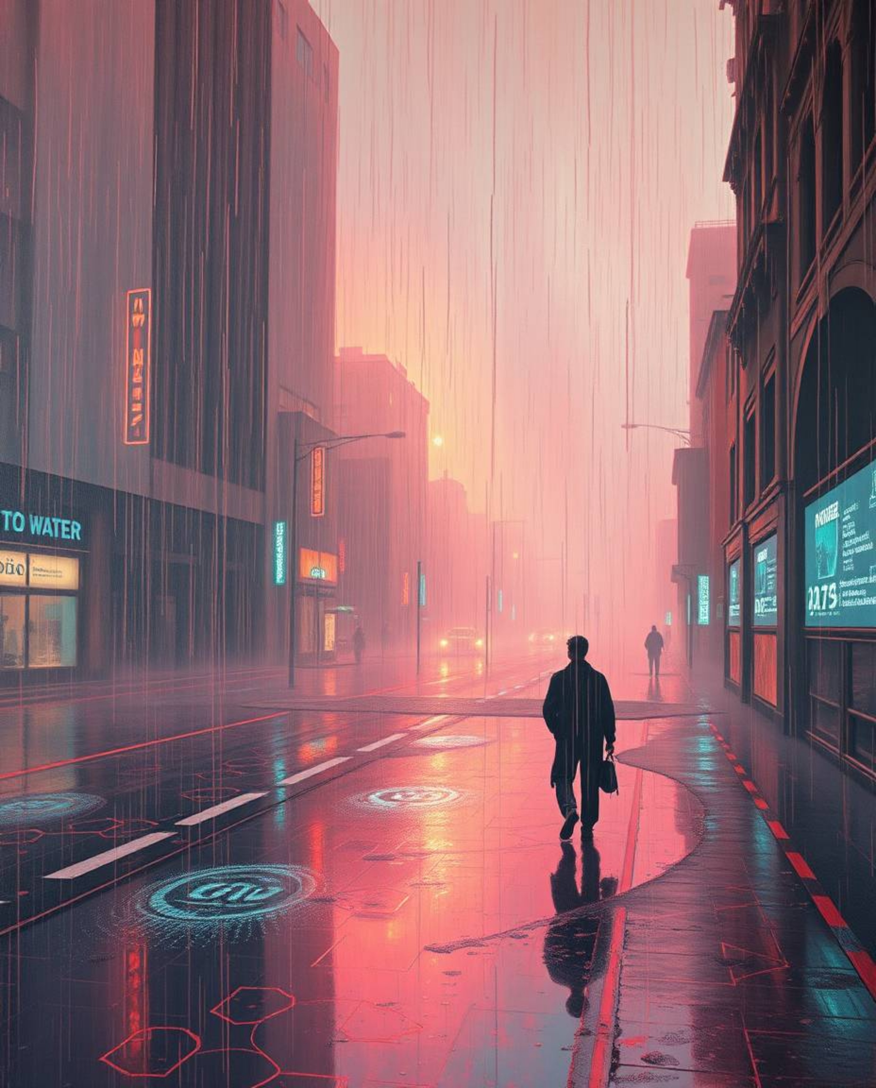 This classic oil painting transports you to a surreal, wet, rainy scene rendered in striking infrared tones.  A futuristic di