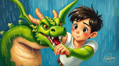 A vibrant acrylic painting depicts a charming prince with rosy cheeks and dark hair engaged in a fierce battle with a vibrant