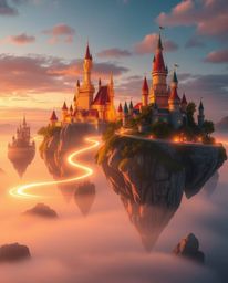 Discover a breathtaking long exposure photograph of a vibrant kingdom featuring floating islands and majestic castles bathed