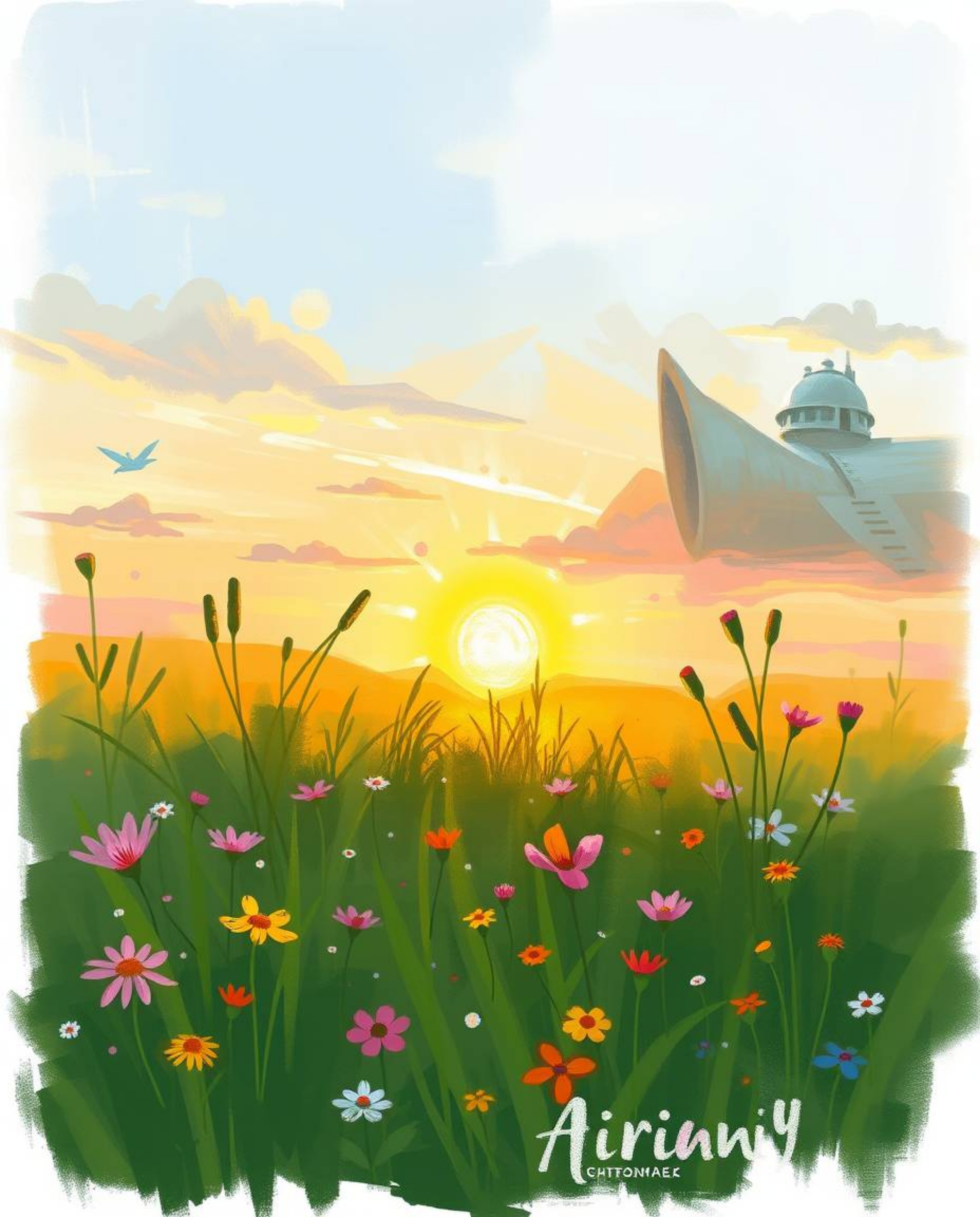 This digital sketch captures an adorable and cute spring wildflower meadow at sunset in a charming fantasy aesthetic. Created