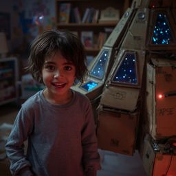 Exquisite high-fashion photography captures a boy with a radiant smile and wide, excited eyes, standing proudly next to a gia