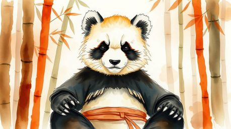 This captivating artwork features a delicate watercolor painting of a martial artist panda in a state of peaceful meditation 