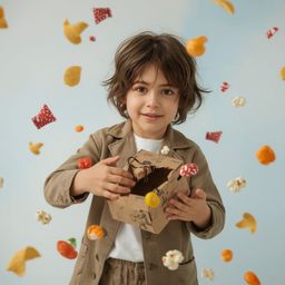A captivating high-fashion photograph depicts a young boy with a curious expression, building an intricately designed cardboa